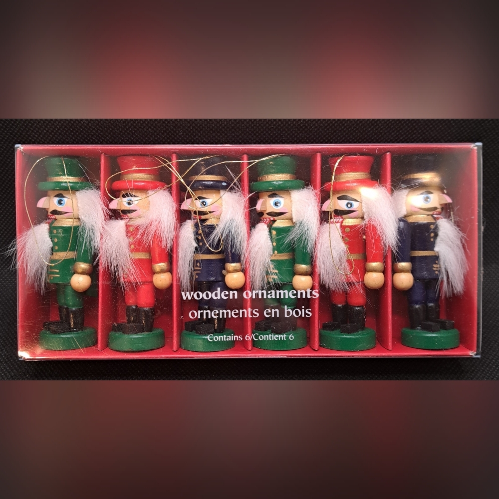 Set Of 6 Vtg PIER 1 Mini 3"  NUTCRACKERS Wooden XMAS ORNAMENTS Hairy Soldiers